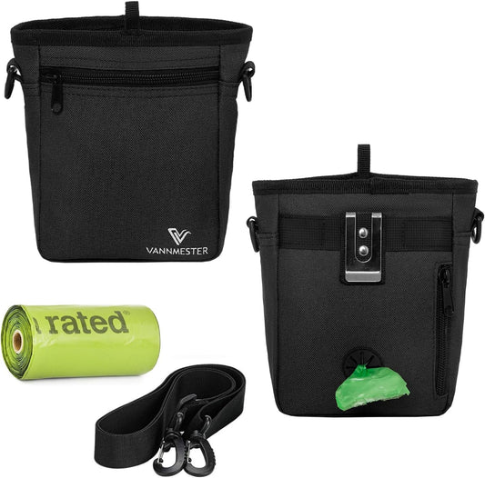 VANNMESTER Dog Treat Pouch for Training, 4 Ways to Wear Dog Training Bag Pouch,Dog Walking Bag Fanny Pack,Puppy Treat Pouch with Poop Bag Dispenser,Adjustable Strap-Black