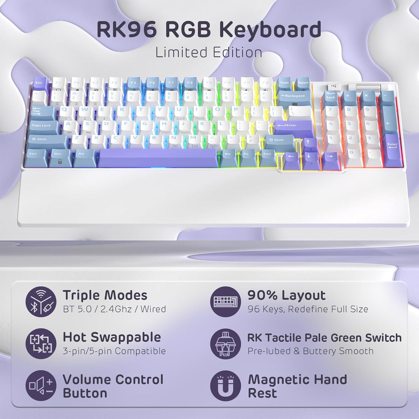 RK ROYAL KLUDGE RK96 RGB Limited Ed, 90% 96 Keys Wireless Triple Mode BT5.0/2.4G/USB-C Hot Swappable Mechanical Keyboard w/Wrist Rest, Software Support, Linear Viridian Switches, MARRS Green
