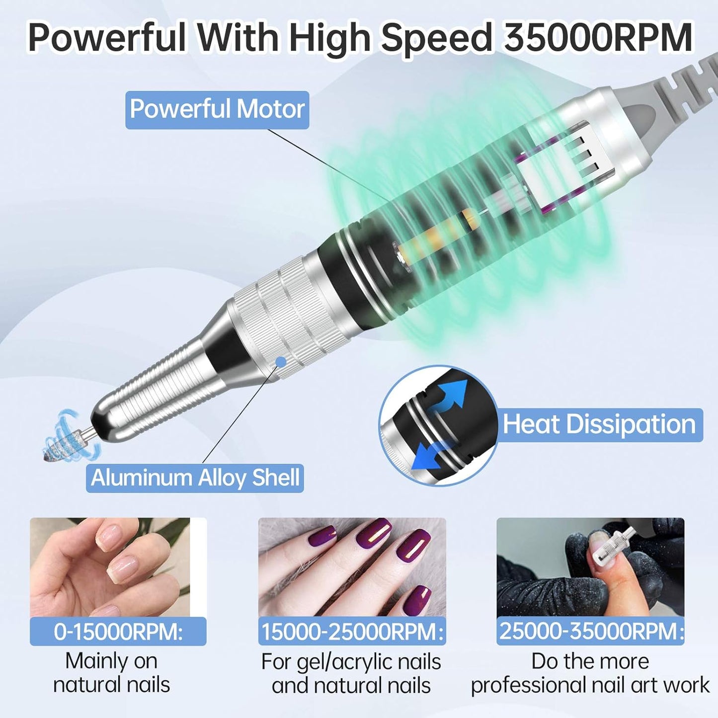 Delanie Professional Nail Drill High Torque 35000 RPM Rechargeable Portable Electric Nail File for Acrylic & Gel, High Speed, Low Heat, Low Vibration, Rose Gold