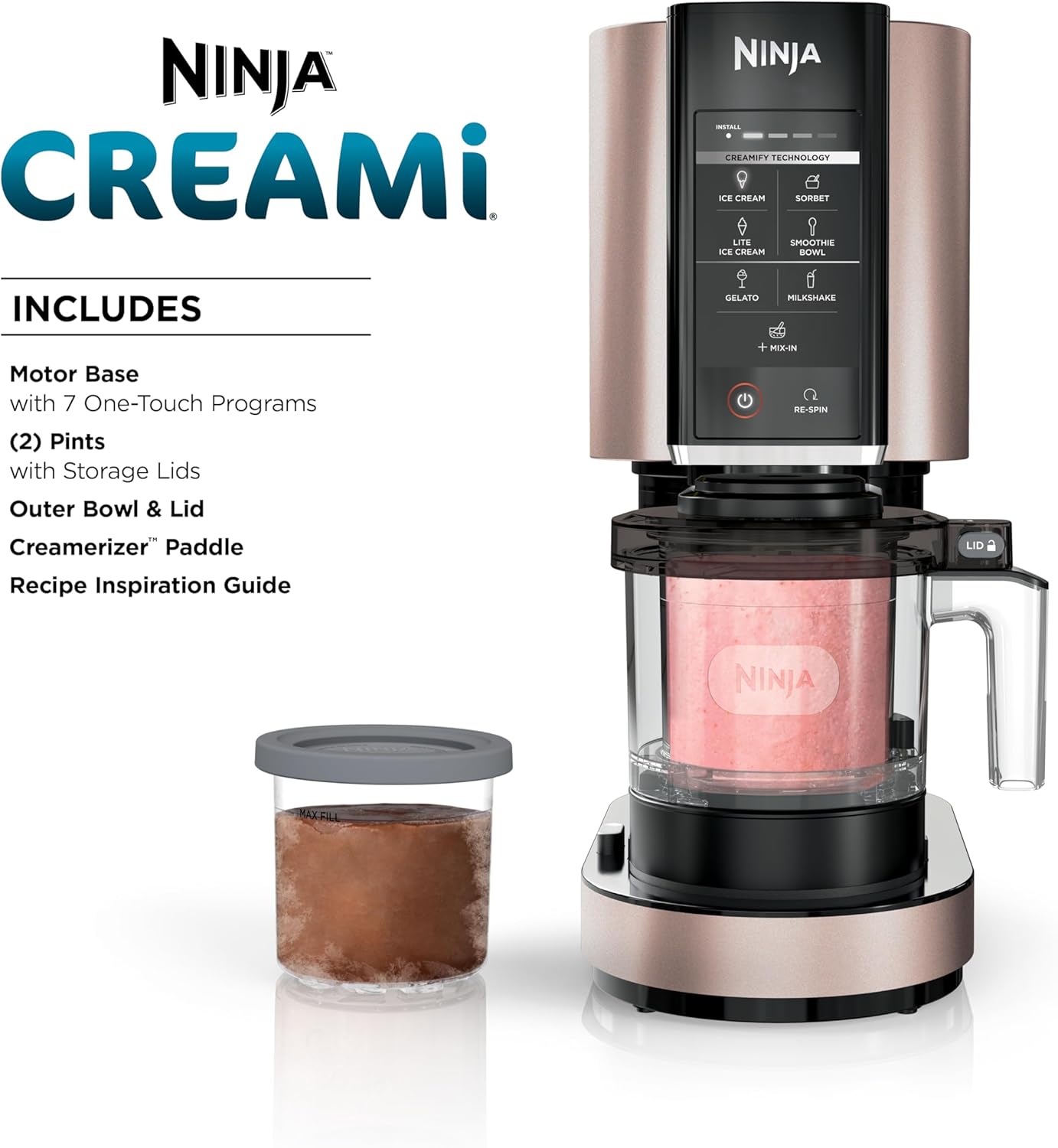 Ninja NC301 CREAMi Ice Cream Maker, for Gelato, Mix-ins, Milkshakes, Sorbet, Smoothie Bowls & More, 7 One-Touch Programs, with (2) Pint Containers & Lids, Compact Size, Perfect for Kids, Silver