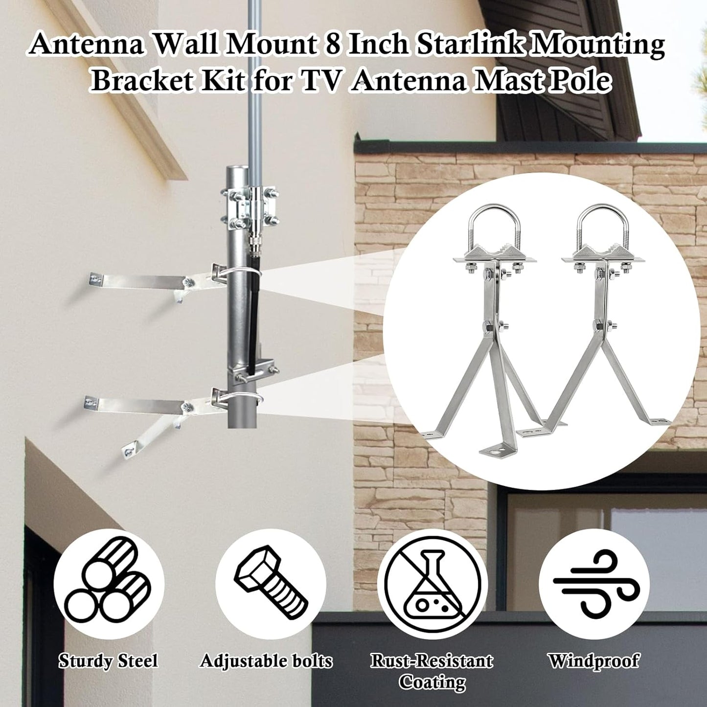 XRDS-RF 16 Inch Heavy-Duty Wall Mount Stand Off Mast for TV Antenna - Windproof Mounting Bracket (2-Leg + 2-Leg)
