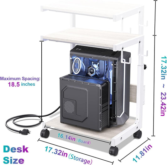 Height Adjustable Computer Tower Stand with Charge Station and USB Charging Port, 2-Tier ATX-Case Cart, Under Desk Mobile PC Stand, CPU Holder Cart with Locking Caster Wheels for Fits Most PC