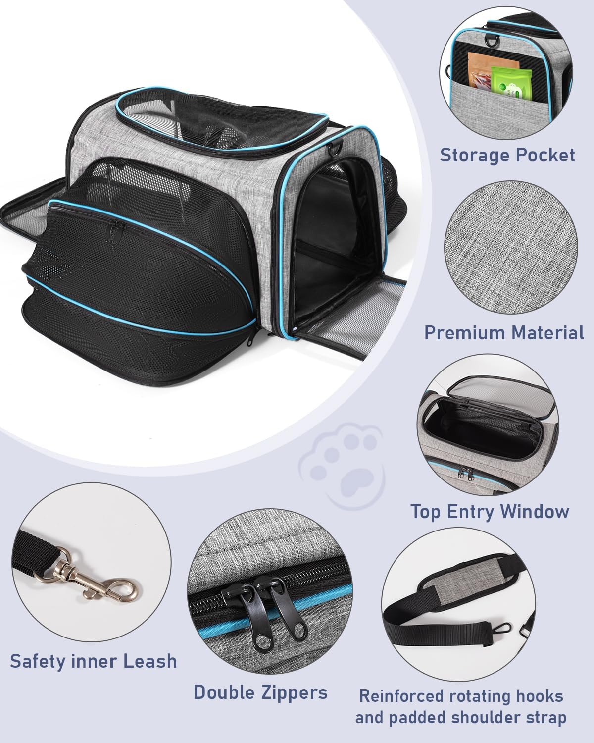 Siivton Cat Carrier,4 Sided Expandable Pet Carrier for Travel,Collapsible Soft-Sided Carriers with Removable Fleece Pad and Shoulder Straps,Airline Approved(17.5"x 11"x 11")
