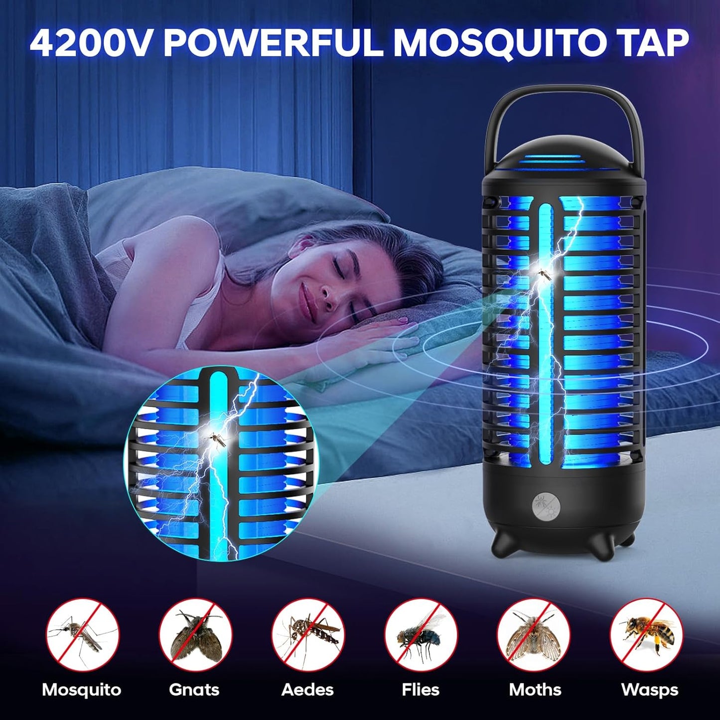 Bug Zapper Outdoor, Rechargeable Mosquito Zapper Indoor with LED Light, Portable IP66 Waterproof 3600mAh Electric Fly Zapper with Hook for Home, Garden, Patio, Backyard - Black
