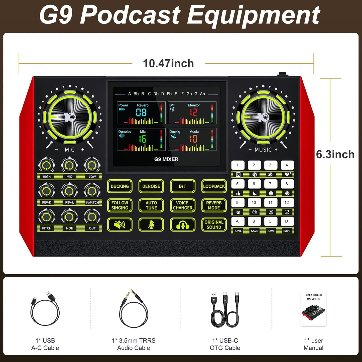 Tenlamp G9 Podcast Audio Mixer, Compatible with 3.5mm Microphones, Live Sound Card for PC/Phone Streaming Content Creators, with Noise Reduction and One-Touch Mute