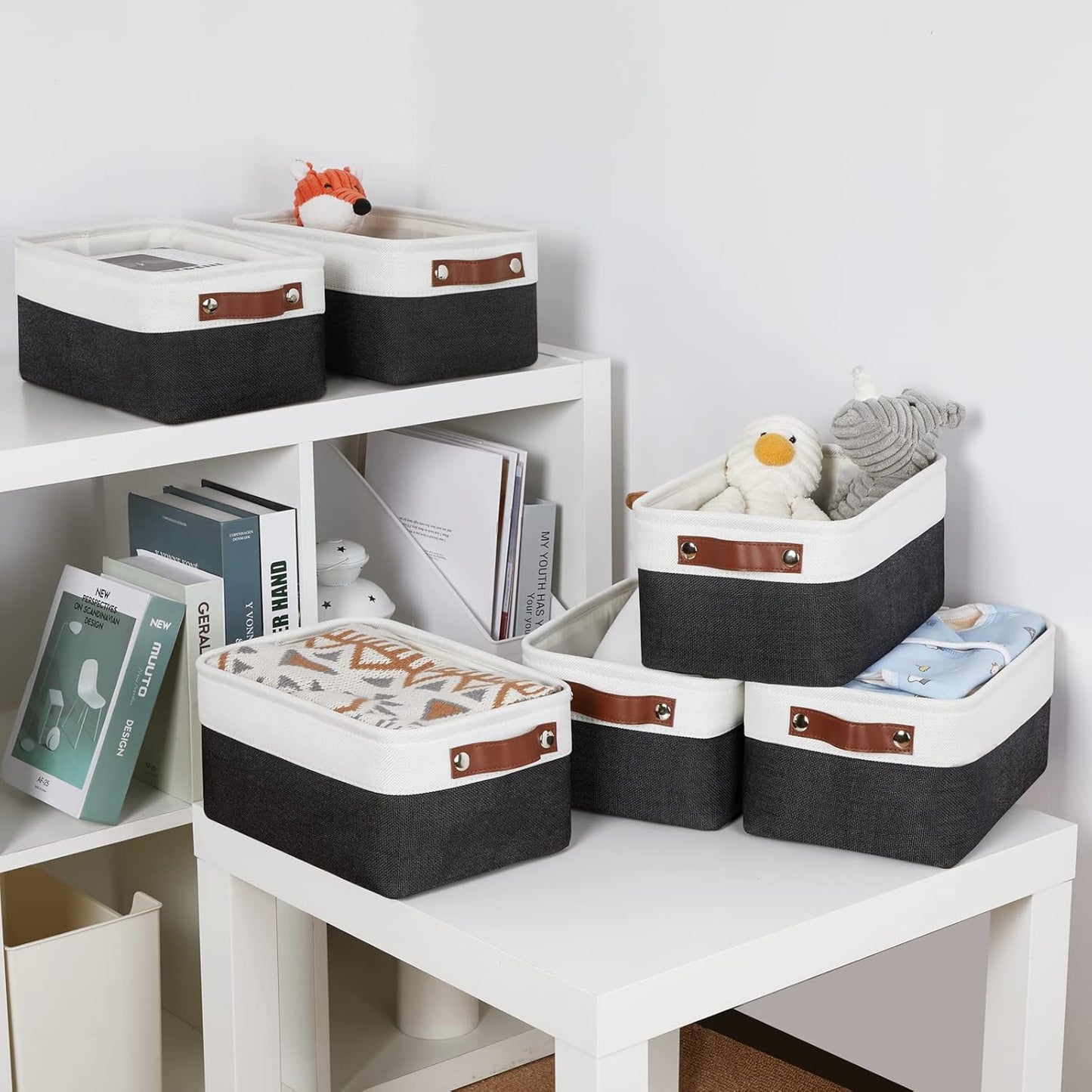 DULLEMELO Storage Baskets for Shelves, Fabric Collapsible Rectangular Storage Bins for Shelves, Closets, Nursery, Home, Office, Empty Gift Baskets (White&Teal)