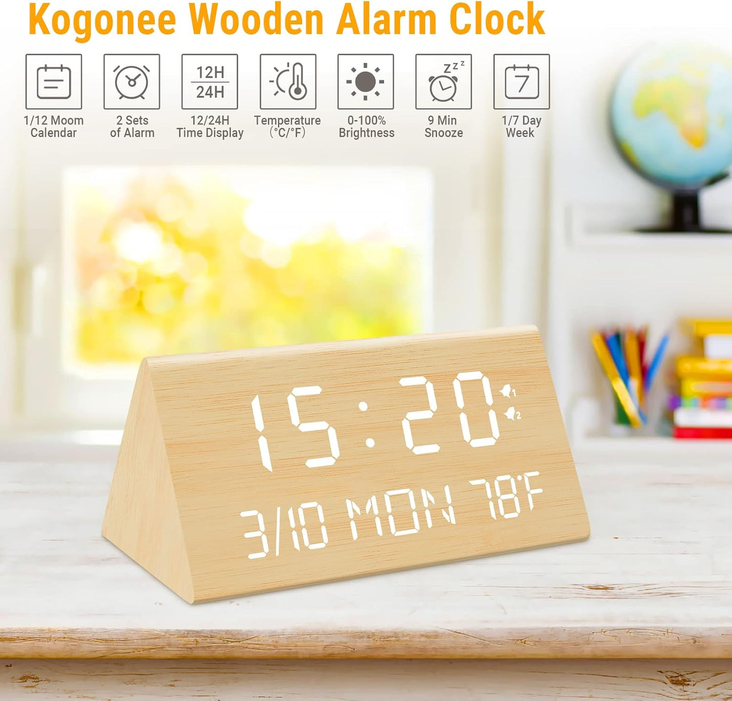 Kogonee Wooden Digital Alarm Clock, 0-100% Dimmer, 2 Alarm Settings, Weekday/Everyday Mode, 9 Mins Snooze, 12/24H, Temperature and Date Display for Office, Travel, Bedroom Alarm Clock (White)