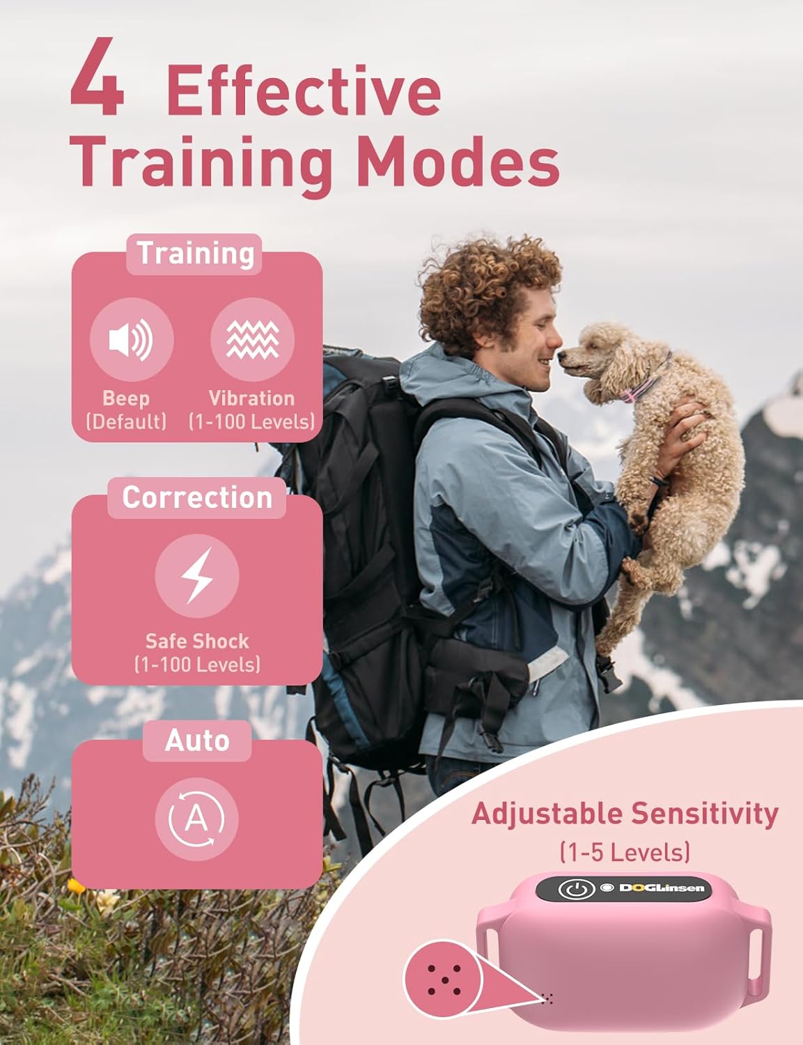 DOGLinsen 2-in-1 Bark and Shock Collar for Dogs, Smart Anti Barking Dog Training Collar with 5 Adjustable Sensitivity, Automatic Bark Collar with Remote, Vibration, Beep, Shock and Automatic