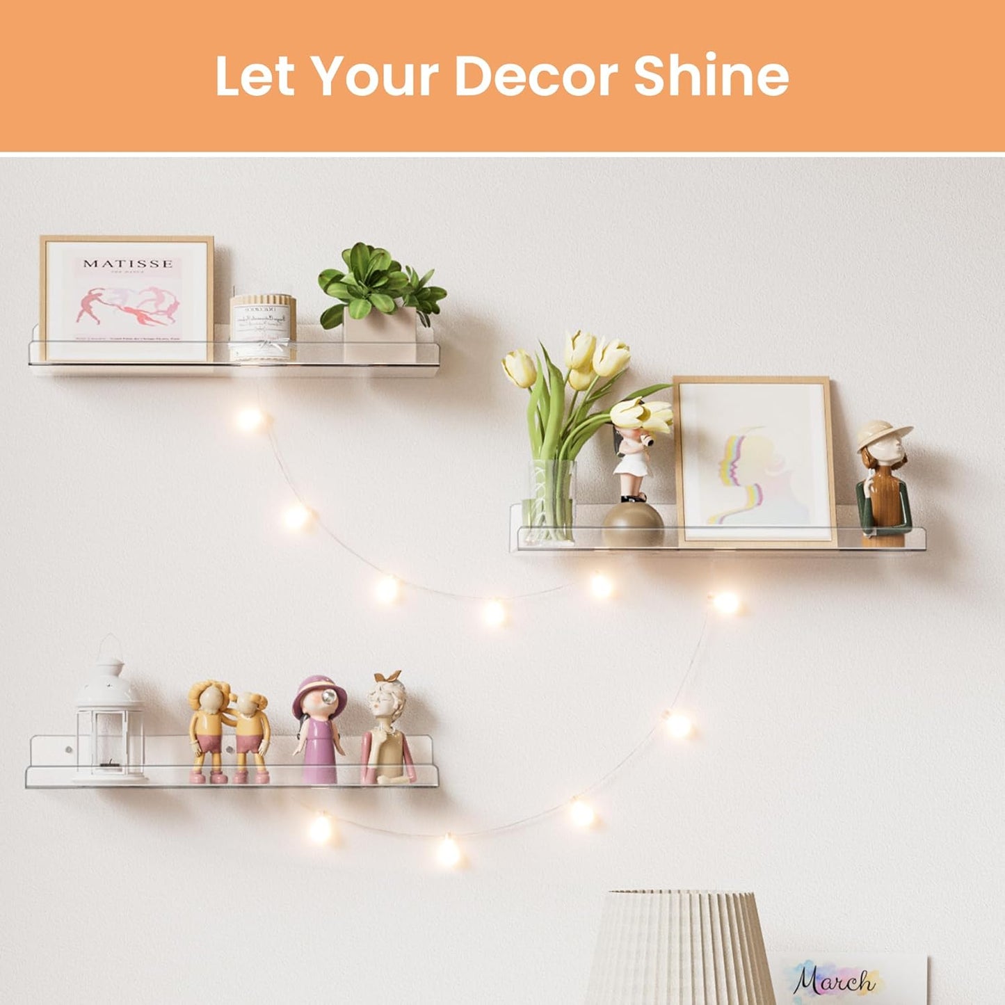 upsimples Clear Acrylic Shelves for Storage, 15" Floating Shelves Wall Mounted for Kids Bookshelf/Display Ledge for Bedroom, Living Room, Bathroom, Kitchen, Set of 4