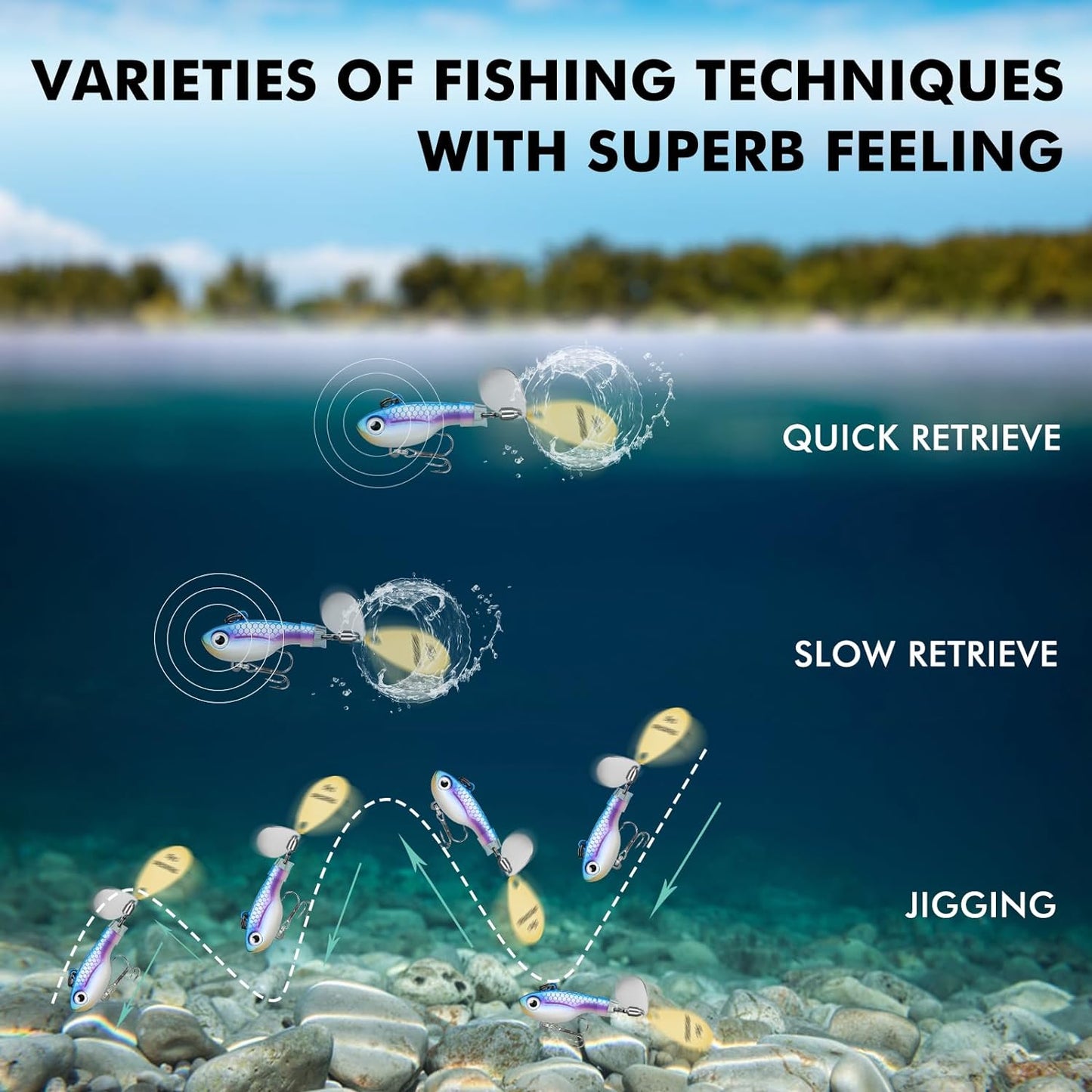 TRUSCEND Fishing Spinners with Unique Double Spoons, Nano-Plated Rooster Tail Fishing Lures with Copper Body & Blade, Great Action Blade Bait for Bass Trout Walleye, Freshwater Ice Fishing Jigs