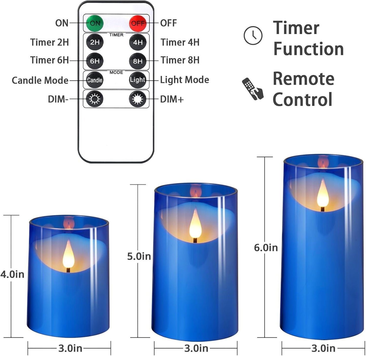 NURADA Flameless Candles: LED Pillar Candles - Acrylic Battery Candles with Remote and Timer for Wedding Party Valentine's Day Decor, Pack of 3 Blue