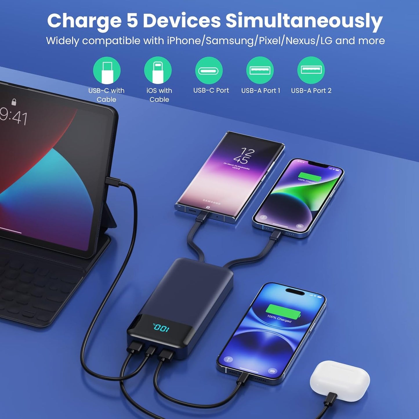 Power Bank 40800mAh Portable Charger with 3 Built-in Cable,25W PD USB C in&Out Power Bank Fast Phone Charging,QC4.0 LED Display Portable Battery Pack Compatible with iPhone 16/15,Samsung Android-Black