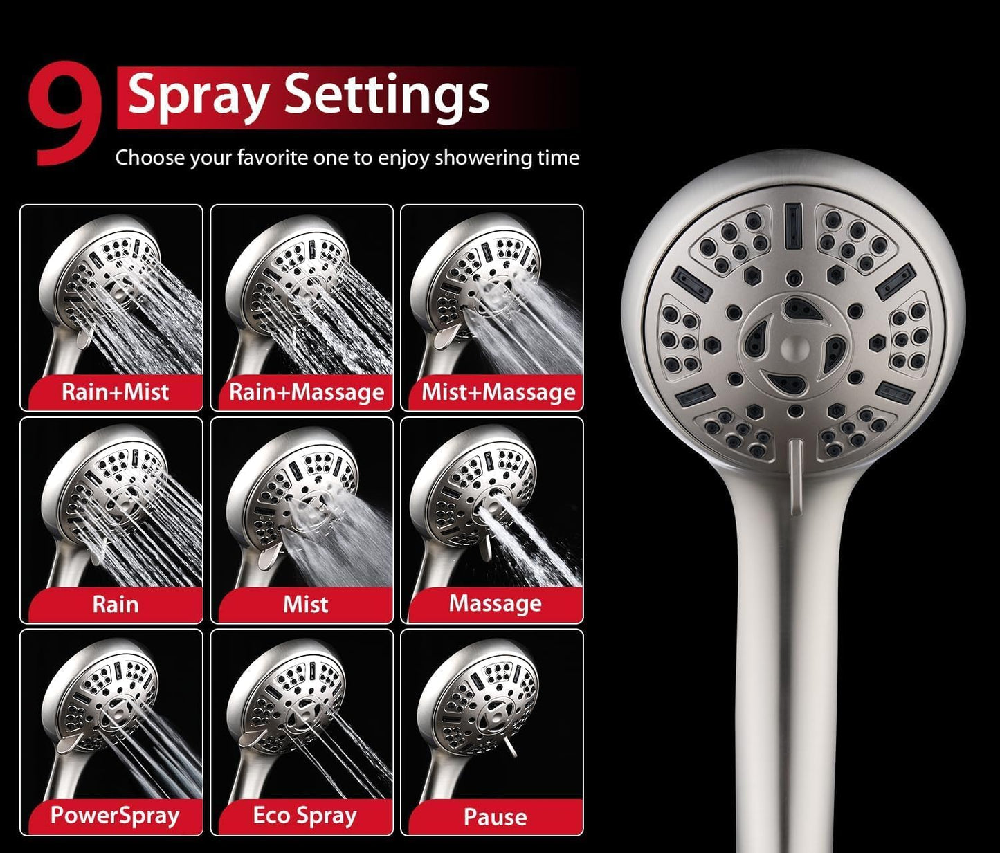 High Pressure Shower Head with Handheld: GRICH 2-in-1 Shower Heads with Hand Held Spray Combo, Anti-Leak 9 Spray Modes Handheld Shower Head & Rain Shower Head with Hose 60'', Angle Adjustable