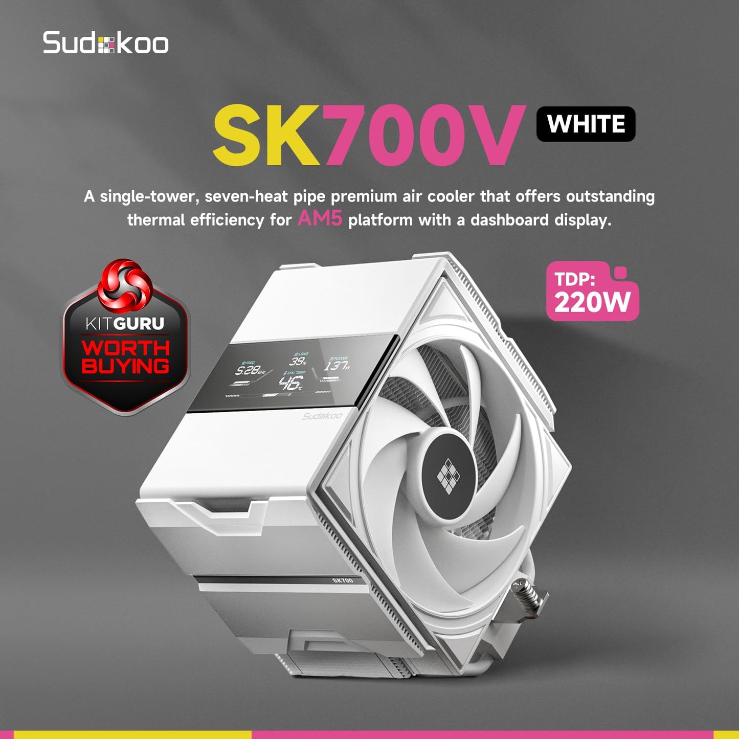 Sudokoo SK700 White AM5 CPU Cooler : 7 Heatpipes CPU Air Cooler for AM5 Exclusive - Single Tower PC Cooling with 120mm FDB PWM Quiet Fan & L-Rail Lock Mount