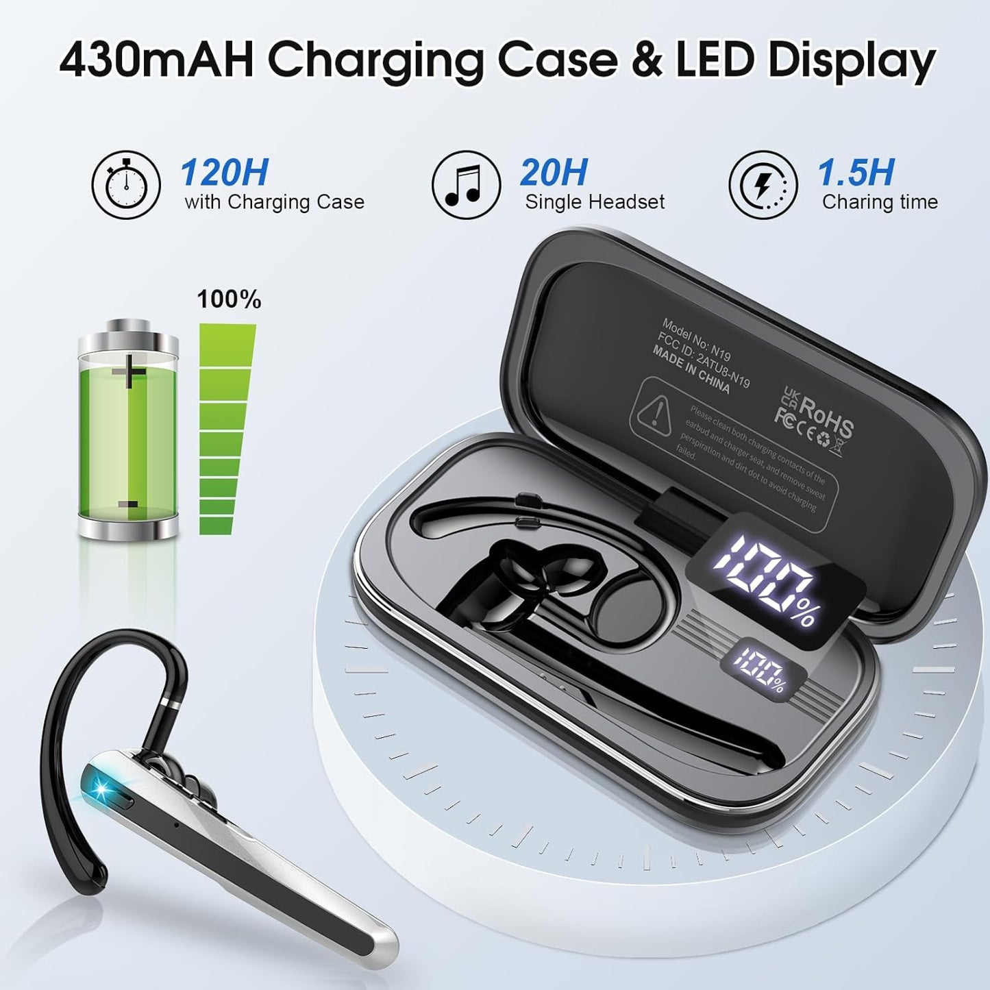 Atheewon Bluetooth Headset V5.3, Bluetooth Earpiece with ENC Noise Canceling Mic, 120Hrs Talk Wireless Headset with LED Display, IP7 Waterproof for Trucker