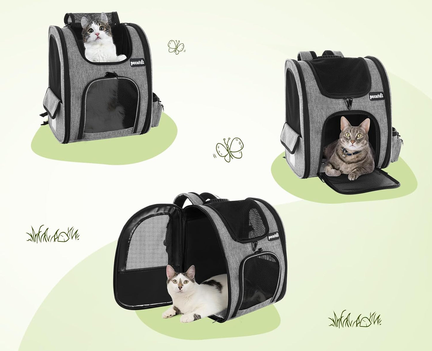 Pecute Cat Backpack with Breathable Mesh, Dog Backpack Carrier with Multi-Pockets for Cats Puppies, Pet Backpack Carrier for Travel Hiking Camping Outdoor (Gray)