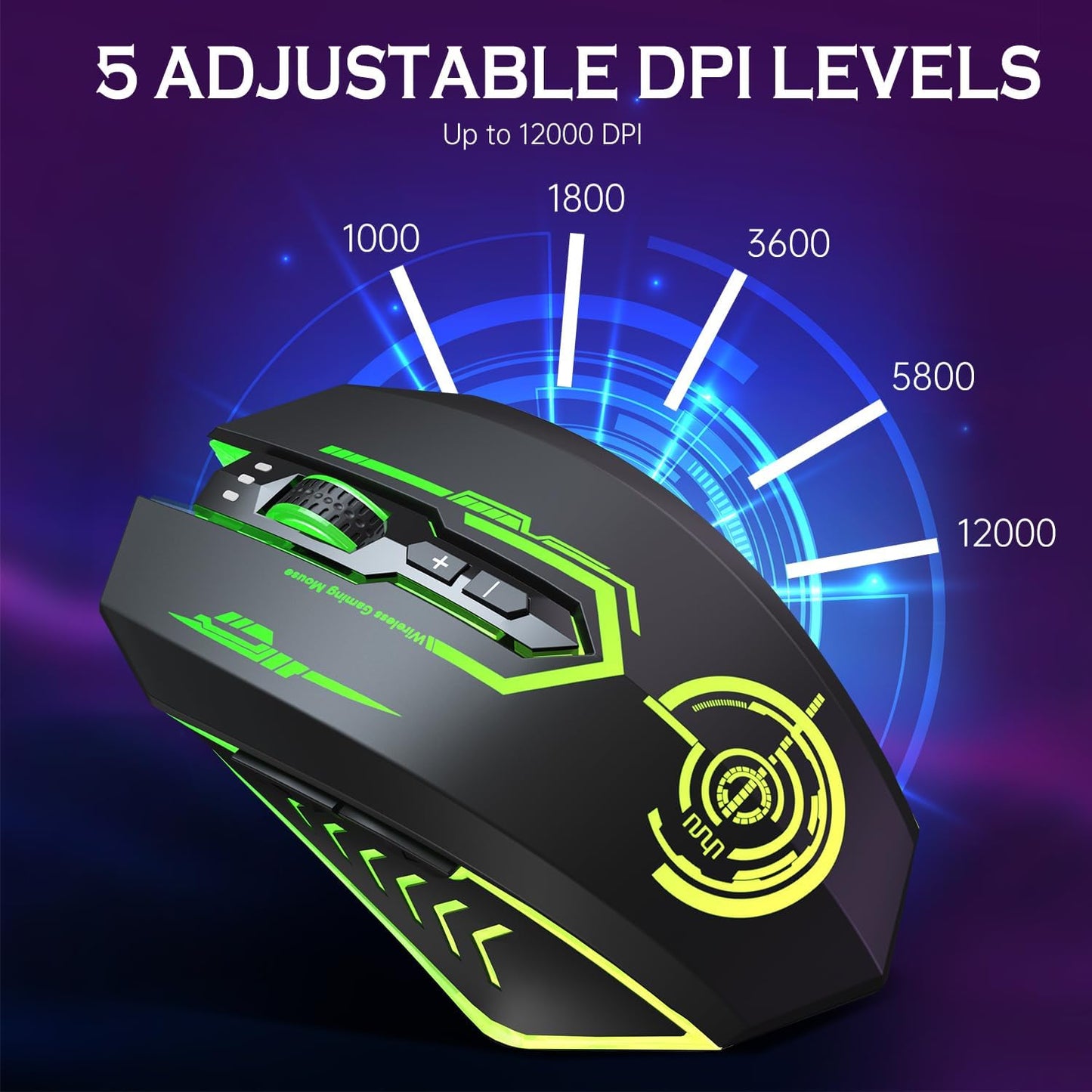 Wireless Gaming Mouse Up to 10000 DPI, UHURU Rechargeable USB Wireless Mouse with 6 Buttons 7 Changeable LED Color Ergonomic Programmable MMO RPG for PC Laptop, Compatible with Windows Mac