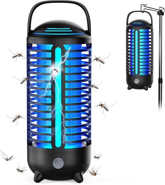 Bug Zapper Outdoor, Rechargeable Mosquito Zapper Indoor with LED Light, Portable IP66 Waterproof 3600mAh Electric Fly Zapper with Hook for Home, Garden, Patio, Backyard - Black