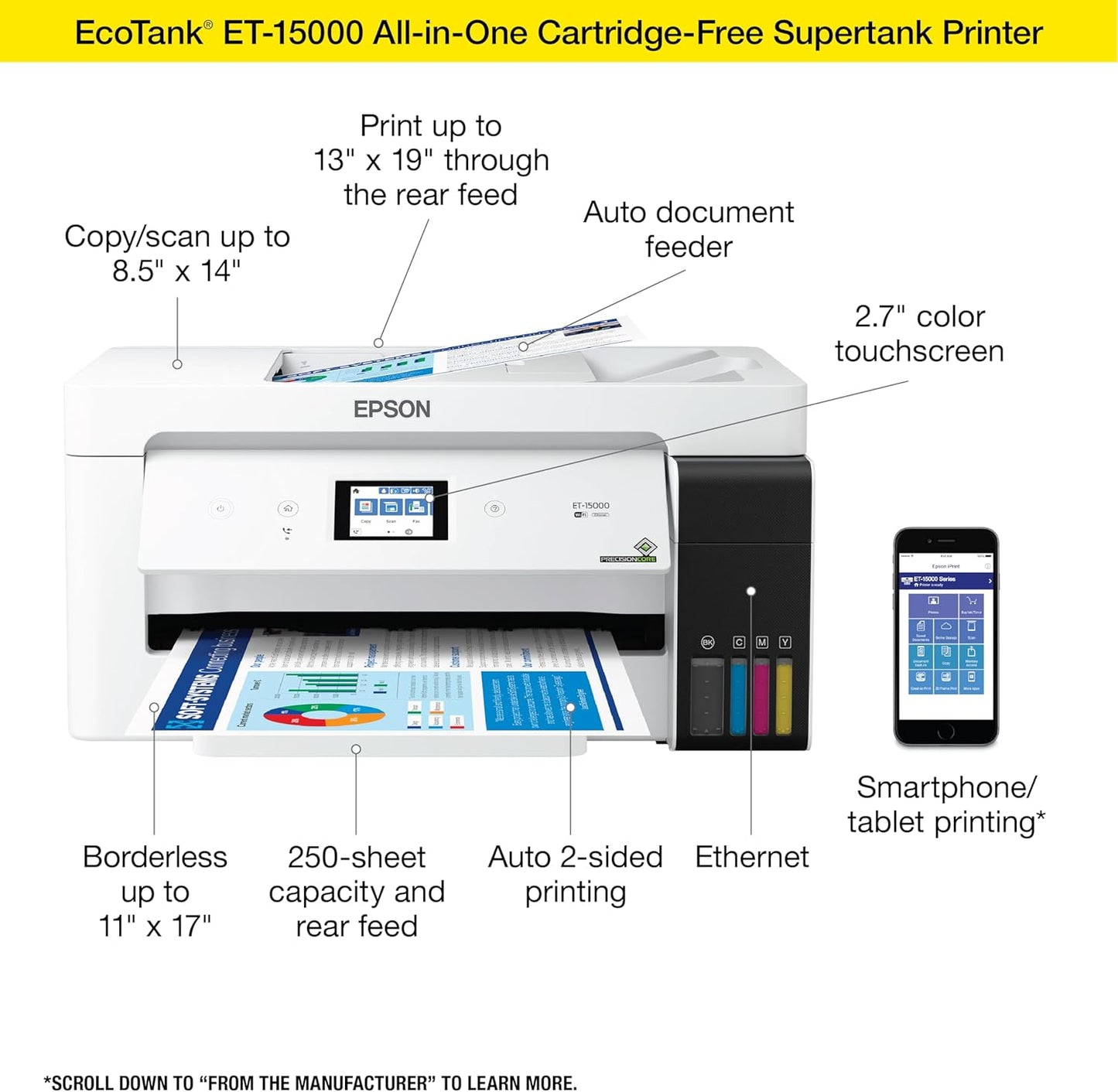 Epson EcoTank ET-15000 Wireless Color All-in-One Supertank Printer with Scanner, Copier, Fax, Ethernet and Printing up to 13 x 19 Inches