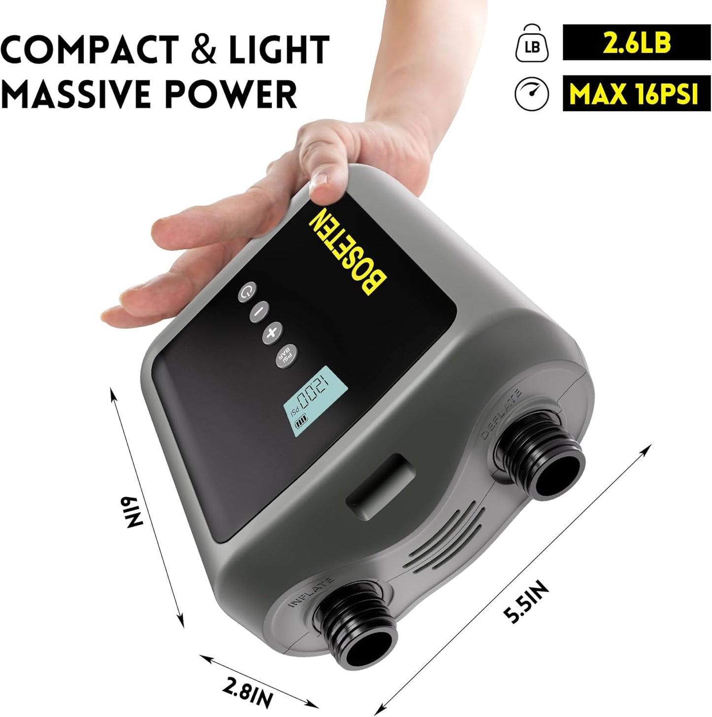 BOSETEN Paddle Board Pump, SUP Electric Air Pump, Deflation Function, Auto-Off, 12V DC Car Connector for Inflatable Stand Up Paddle Board, Kayaks, Boats, Inflators, Paddleboards
