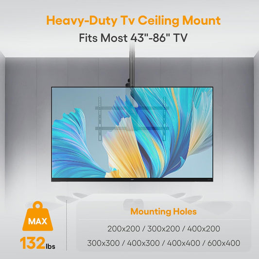 PrimeCables Ceiling TV Mount, Full Motion Hanging TV Mount Bracket for Most 43-86 Inch LED, LCD, OLED Curved/Flat Screen TVs up to VESA 600x400mm and 132 Lbs - PuriLite