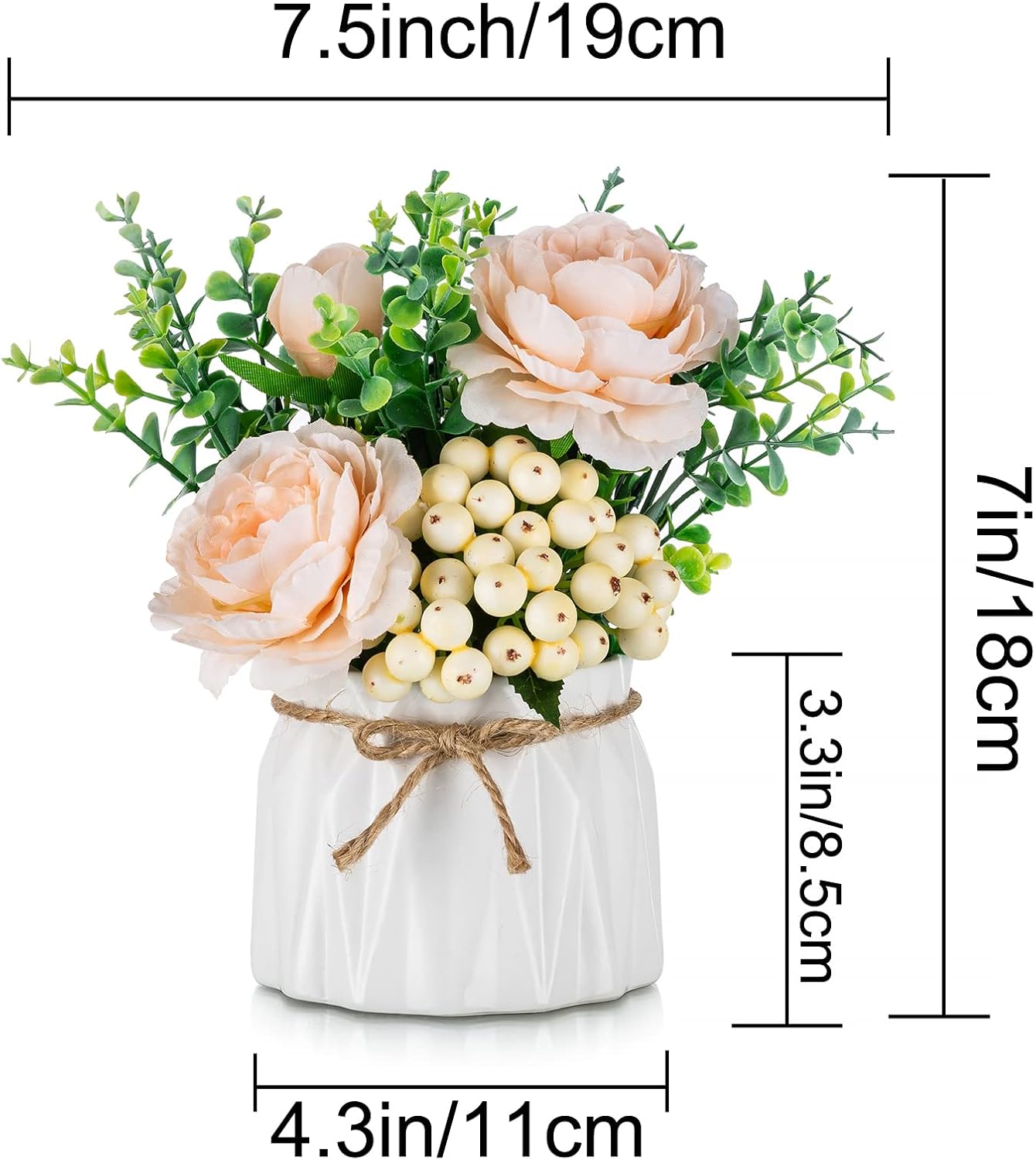 BLOSMON White Fake Flowers with Vase: Small Coffee Table Decor Bathroom Hydrangea Faux Flowers in Vase Office Desk Shelf Home Living Room Bedroom Vanity nightstand Decorations Floral Arrangement