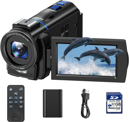 Video Camera Camcorder 4K 48MP, IR Night Vision 3” 270°Rotation Touchscreen Video Recorder for Vlog YouTube 16X Digital Zoom Compact Travel Cam Corder with Battery,32GB Card, Remote Control