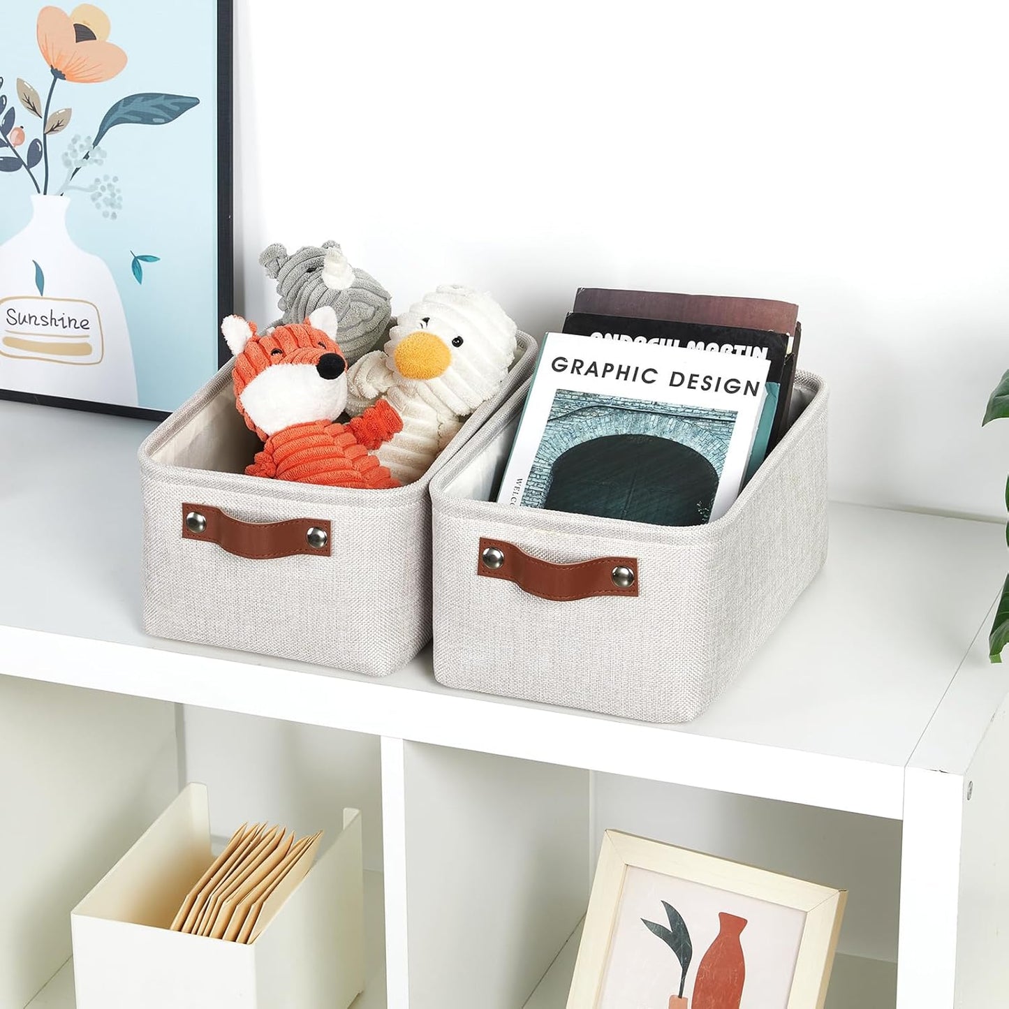 DULLEMELO Storage Baskets for Shelves, Fabric Collapsible Rectangular Storage Bins for Shelves, Closets, Nursery, Home, Office, Empty Gift Baskets (White&Teal)