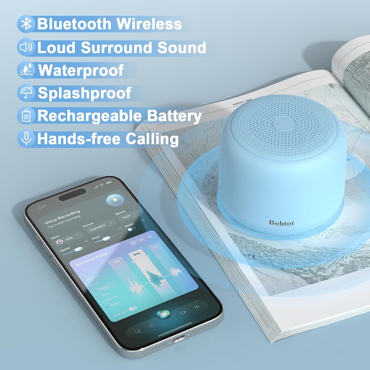 Bobtot Portable Bluetooth Speakers with Strap Easy to Carry, Wireless IPX5 Waterproof Mini Speaker with Loud Stereo Sound, 20 Hours Playtime, Rechargeable Battery, Built-in Microphone (Green)