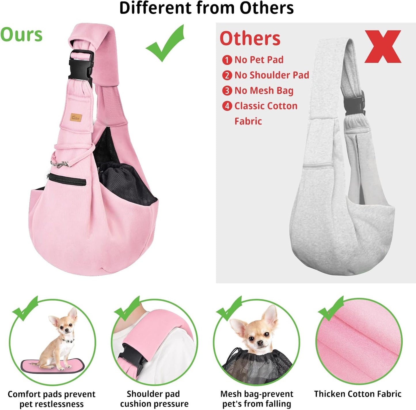 Cuby Adjustable Dog Cat Sling Padded Hard Bottom Pet Carrier Sling Soft Carrying Puppy Bag for Small Dogs Cats Outdoor Travel (Grayish-White)
