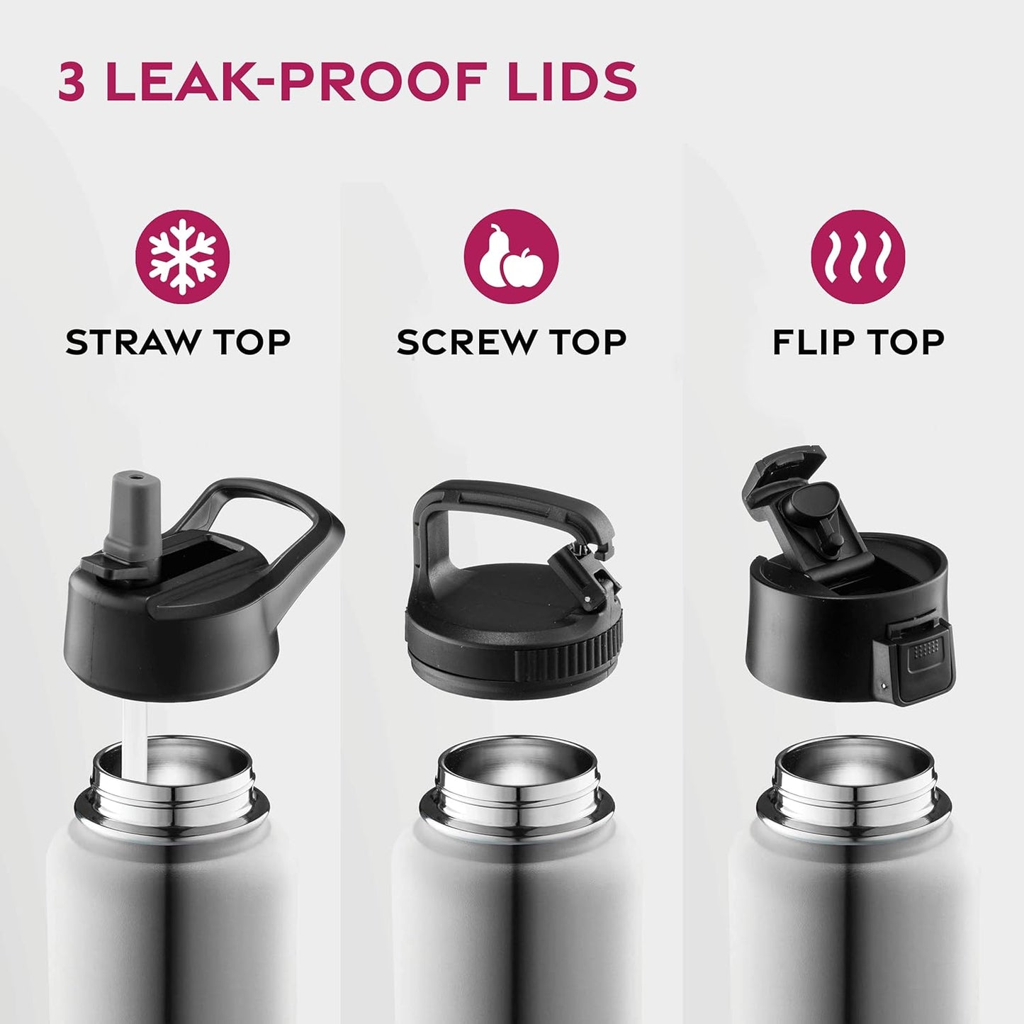 FineDine Water Bottle - Stainless Steel Insulated Water Bottle with Straw Lid, Flip Lid & Wide-Mouth Cap - Keeps Hot and Cold - 25 Oz / 739ml - Pure Pearly White