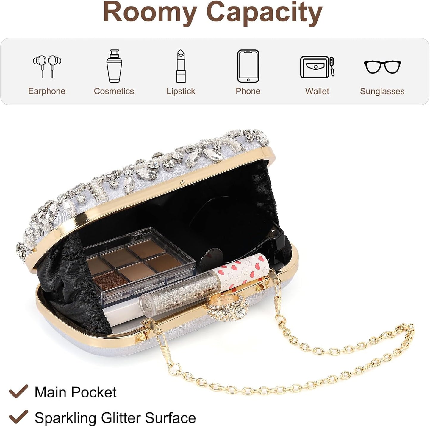 DTGN Evening Bags Clutch Purses for Women Formal, Beaded Clutch Rhinestone Handbags Shoulder Bag with Chain Sparkly