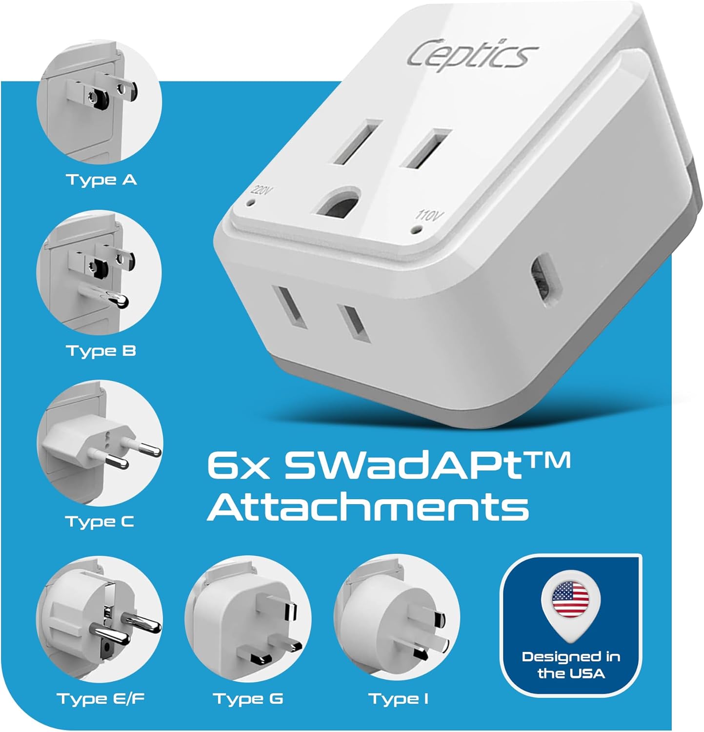 Ceptics Universal Travel Adapter kit, Dual USB (QC 3.0) + 2 US outlets + USB-C Cable, Use with Chargers, Cell Phones, Laptops, 6 Plug attachments for Worldwide use (Does Not Convert Voltage) (WPS-2B)