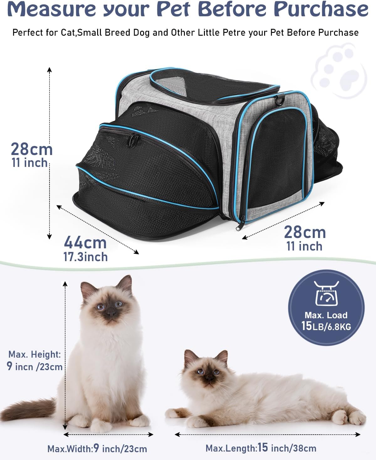 Siivton Cat Carrier,4 Sided Expandable Pet Carrier for Travel,Collapsible Soft-Sided Carriers with Removable Fleece Pad and Shoulder Straps,Airline Approved(17.5"x 11"x 11")