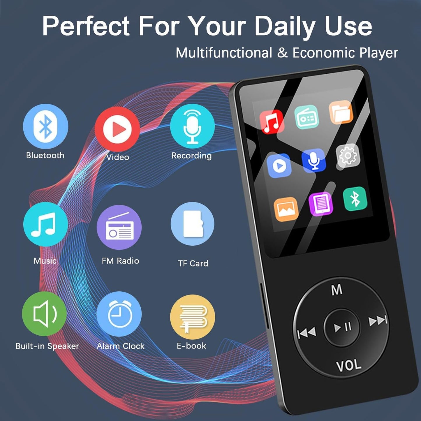 MP3 Player with Bluetooth, Portable 32GB MP3 Music Players with Speaker, Supports Alarm Clock, FM Radio, Recording Function, Up to 128GB Memory Storage, Earphones Included