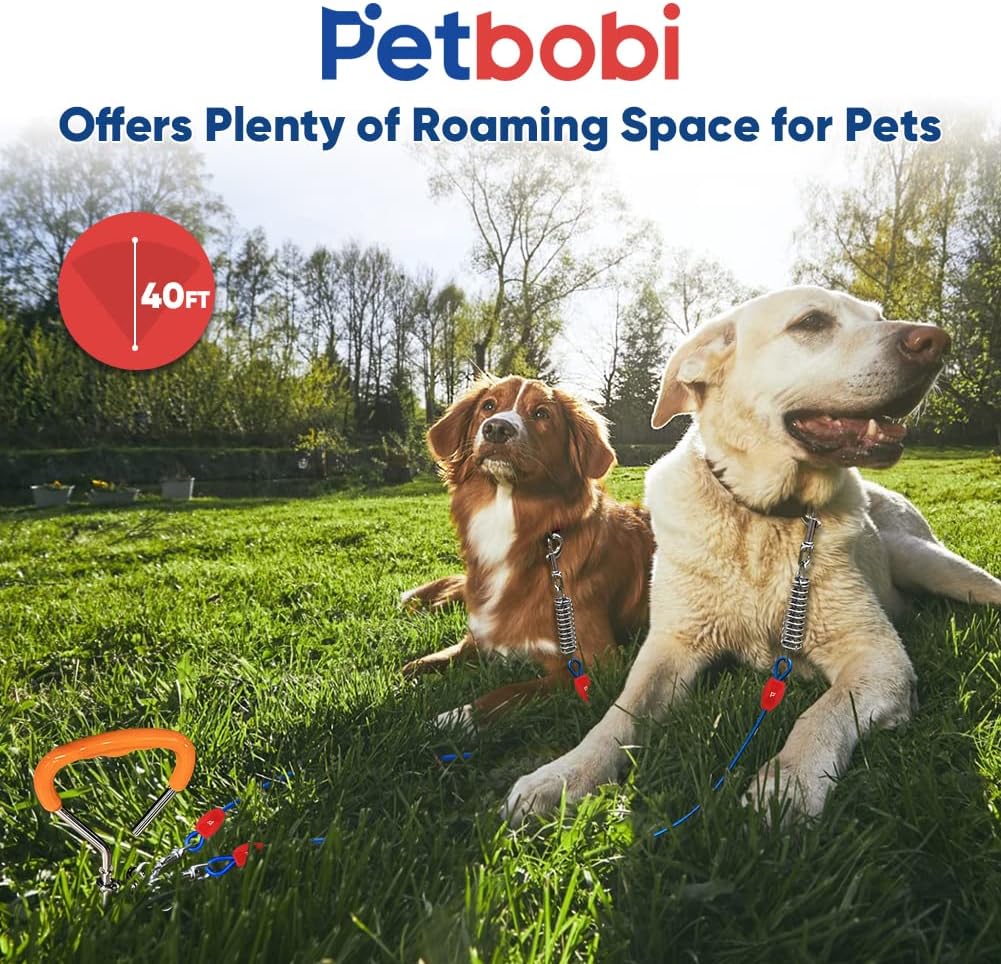 Petbobi Dog Tie-Out Cable and Stake - 30ft Heavy Duty Cable with Spring, No Tangle, 16in Ground Stake, Ideal for Yard, Camping and Beach, Suitable for Small Medium Large Dogs Up to 120 lbs, Blue
