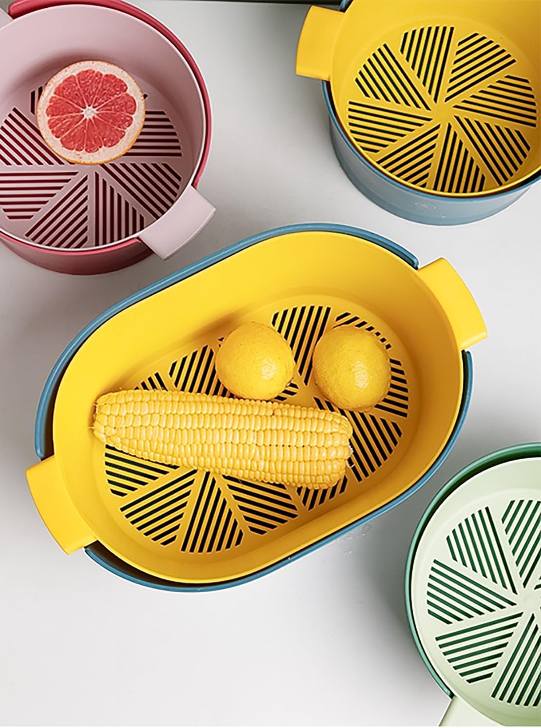 Kitchen Washbas Food Strainer Drain Basket Rotating Drainer Double-Layer Basin Vegetable Fruit Washing Strainer