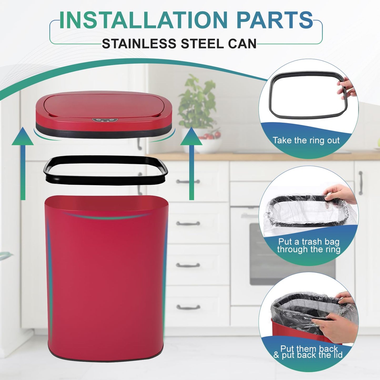 13 Gallon Sensor Garbage Can Stainless Steel Kitchen Garbage Can with Lid Antomatic Garbage can for Kitchen Office Bedroom Bathroom Living Room,Black