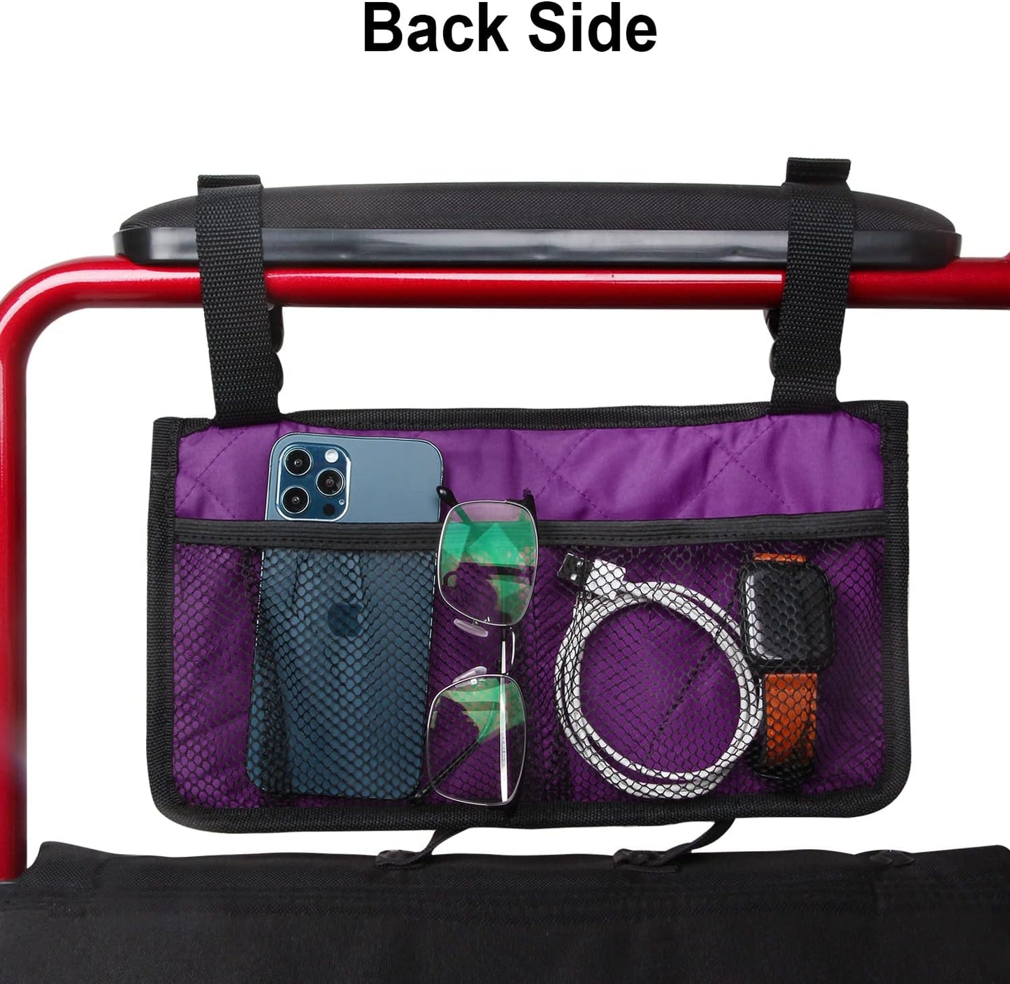 Wheelchair Side Bag, Wheelchair Armrest Storage Pouch with Cup Holder and Reflective Strip for Wheelchairs, Walkers or Rollators (Black)
