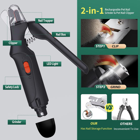 CATPICK 2-in-1 Cat Nail Clippers & Dog Nail Clippers Trimmers for Large Medium Small Dogs Cats Claw Trimmer Quick Sensor and Safety Guard USB Rechargeable with 2 LED Lights Dogs Nail Trimmer - PuriLite