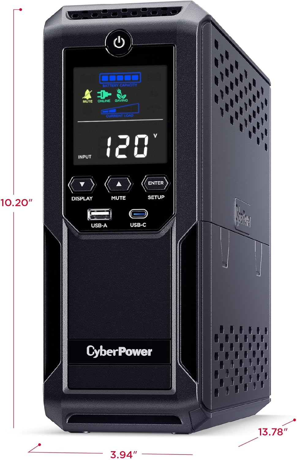 CyberPower CP1500AVRLCD3 Intelligent LCD UPS System, 1500VA/900W, 12 Outlets, 2 USB Ports, AVR, Mini Tower, Black