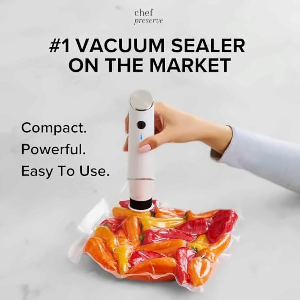 Chef Preserve Compact Vacuum Sealer for Food (Vacuum Sealer Machine + 20 Reusable Vacuum Bags) Powerful Handheld Vacuum Sealer Machine, Seal Meal Saver, Portable Food Sealer