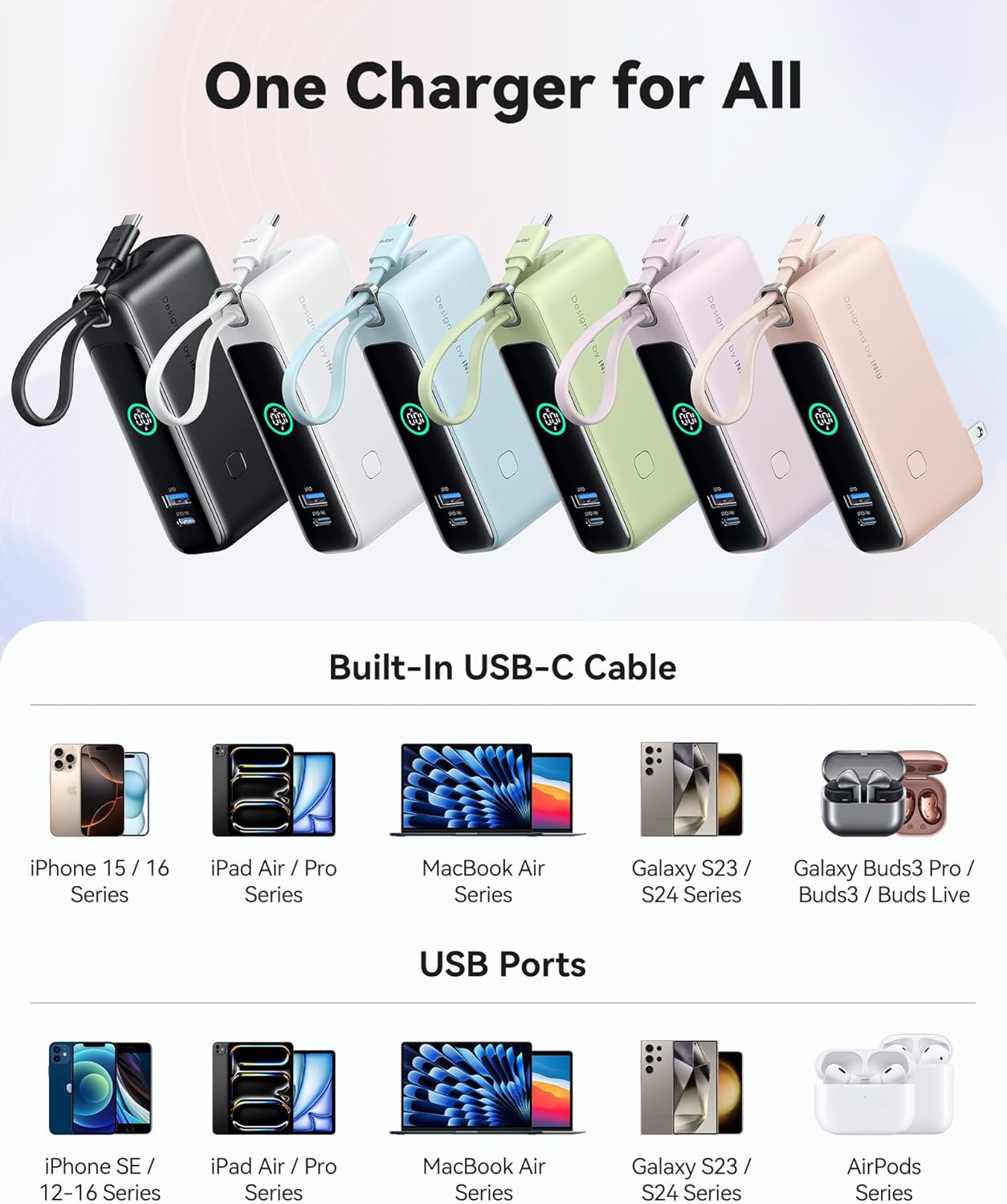 INIU 3-in-1 Power Bank, 30W 10000mAh Fast Charging Portable Charger, Built-in USB C Cable and Foldable AC Plug, Travel Outdoor Essentials Powerbank, Battery Pack for iPhone 16 15 Samsung S25 S24 etc