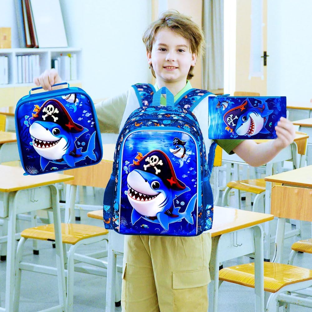 3pcs Backpack for Boys and Girls, 16” Kids Kindergarten Bookbag with Lunch Box, Cute Elementary Backpacks for Boy Girl