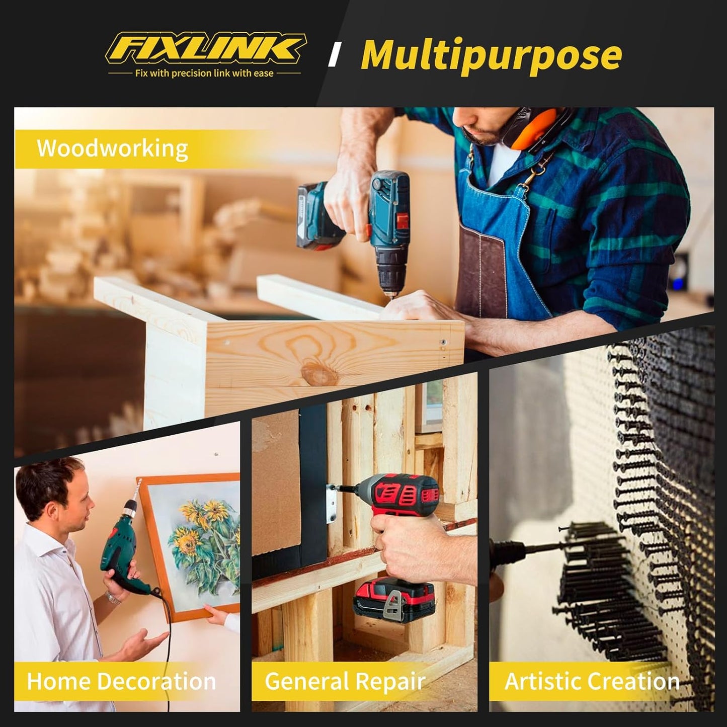 Wood Screws Assortment Kit, FIXLINK 240 PCS High Hardness Flat Head Wood Screws Set, Phillips Drive Screws, Contain 15PC Drywall Anchor and 8 Size (2-1/2”,2”,1-1/2”,1-1/4”,1”,3/4”,5/8”,1/2”), Black