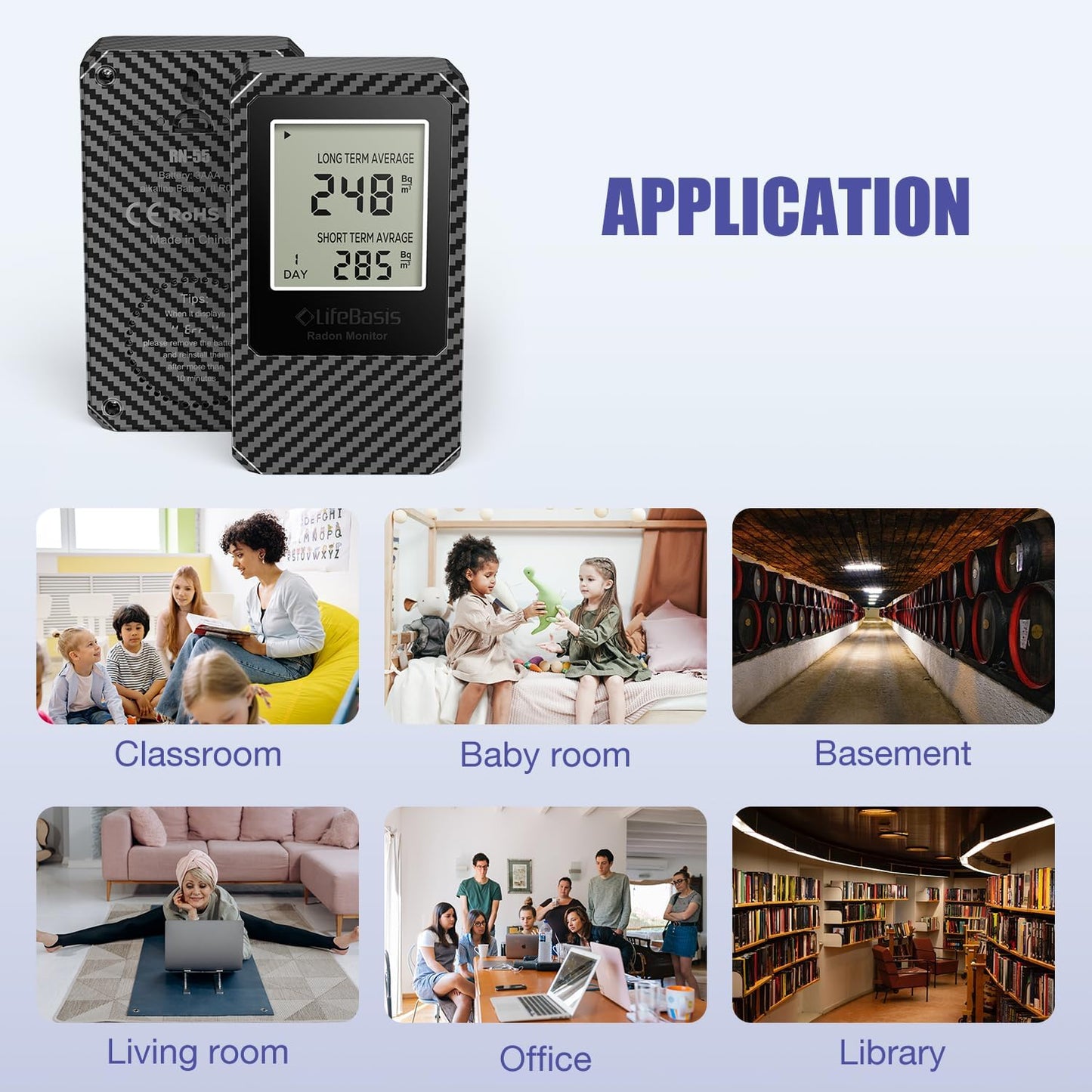 Life Basis Radon Detector for Home Radon Tester Portable with Large Screen Long and Short Term Radon Monitoring Battery Operated, Canadian Version in Bq/m - Dark Grey