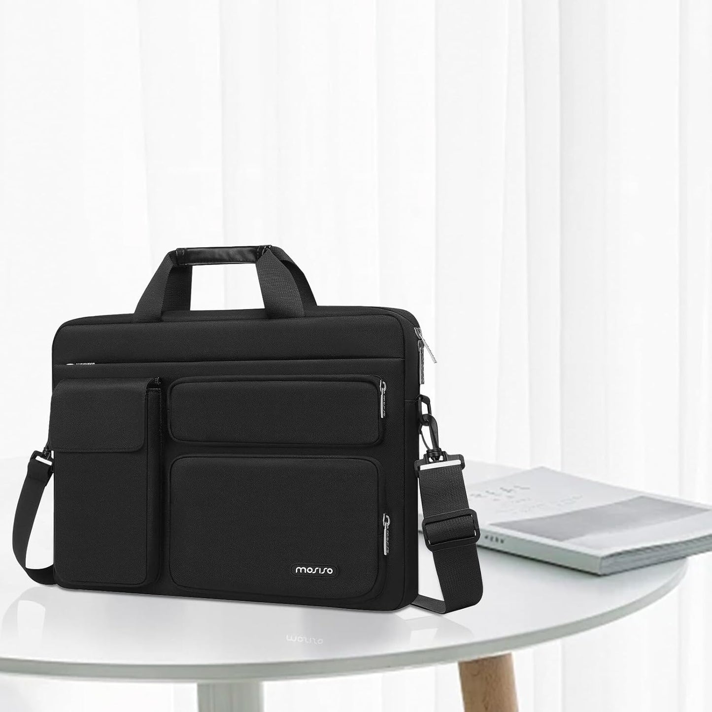 MOSISO Laptop Bag 13.3 inch, 13-13.3 inch Computer Shoulder Bag Compatible with MacBook Air/Pro 13/Pro 14, HP Dell ASUS Notebook &2 Raised&1 Flapover&1 Horizontal Pocket&Handle&Belt, Black