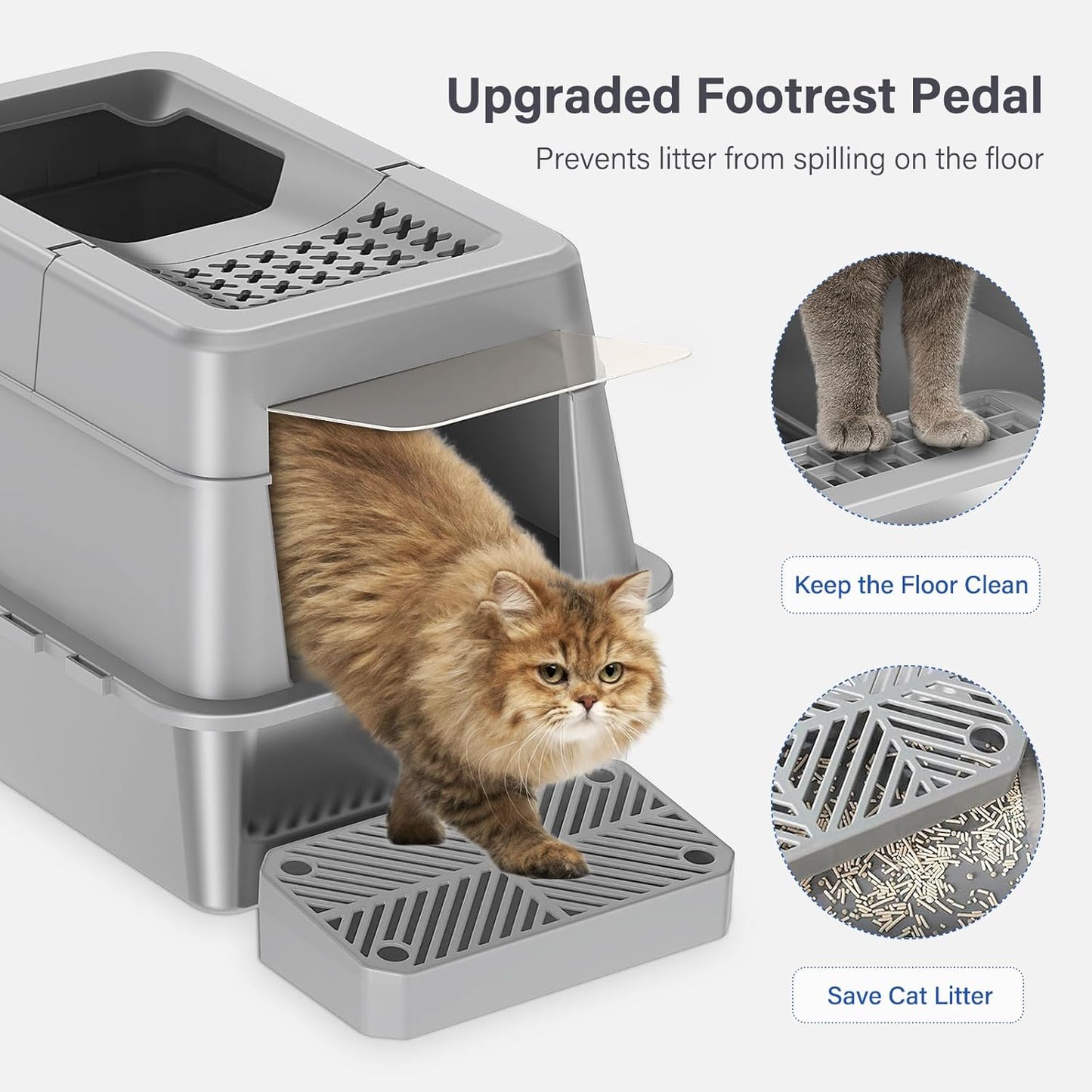 Stainless Steel Litter Box with Lid, XL Extra Large Enclosed Cat Litter Box for Big Cats 110° Flip Cover, Top Entry Metal High Sided Litter Box & Pedal & Scoop, Anti-Leakage (Grey)
