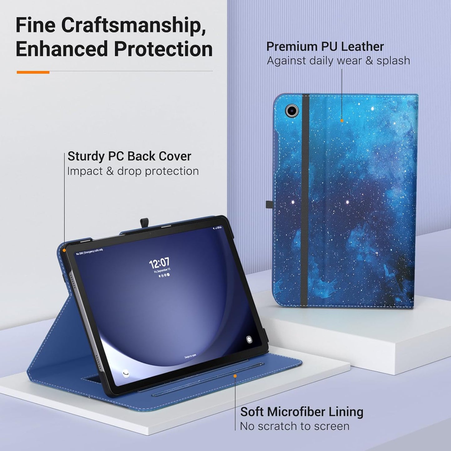 MoKo Case for Samsung Galaxy Tab A9 Plus 11" 2023 (SM-X210/SM-X216/SM-X218), PU Leather Multi-Angle Viewing Folding Stand Cover Case with Hand Strap, Front Pocket, Auto Wake/Sleep, Denim Blue & Brown