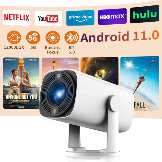 Mini Projector Portable, Auto Horizontal Correction, 4K FHD 1080P, 12000 Lumens, 5G WiFi6, BT 5.0, Android 11, 180° Rotatable, Outdoor Movie Projector - PuriLite